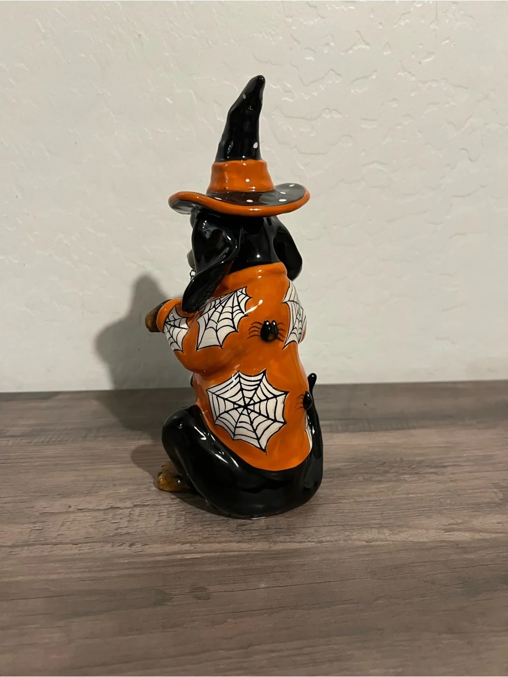 Blue Sky Halloween Witch Dachshund Figurine in Orange and Black Witch Costume